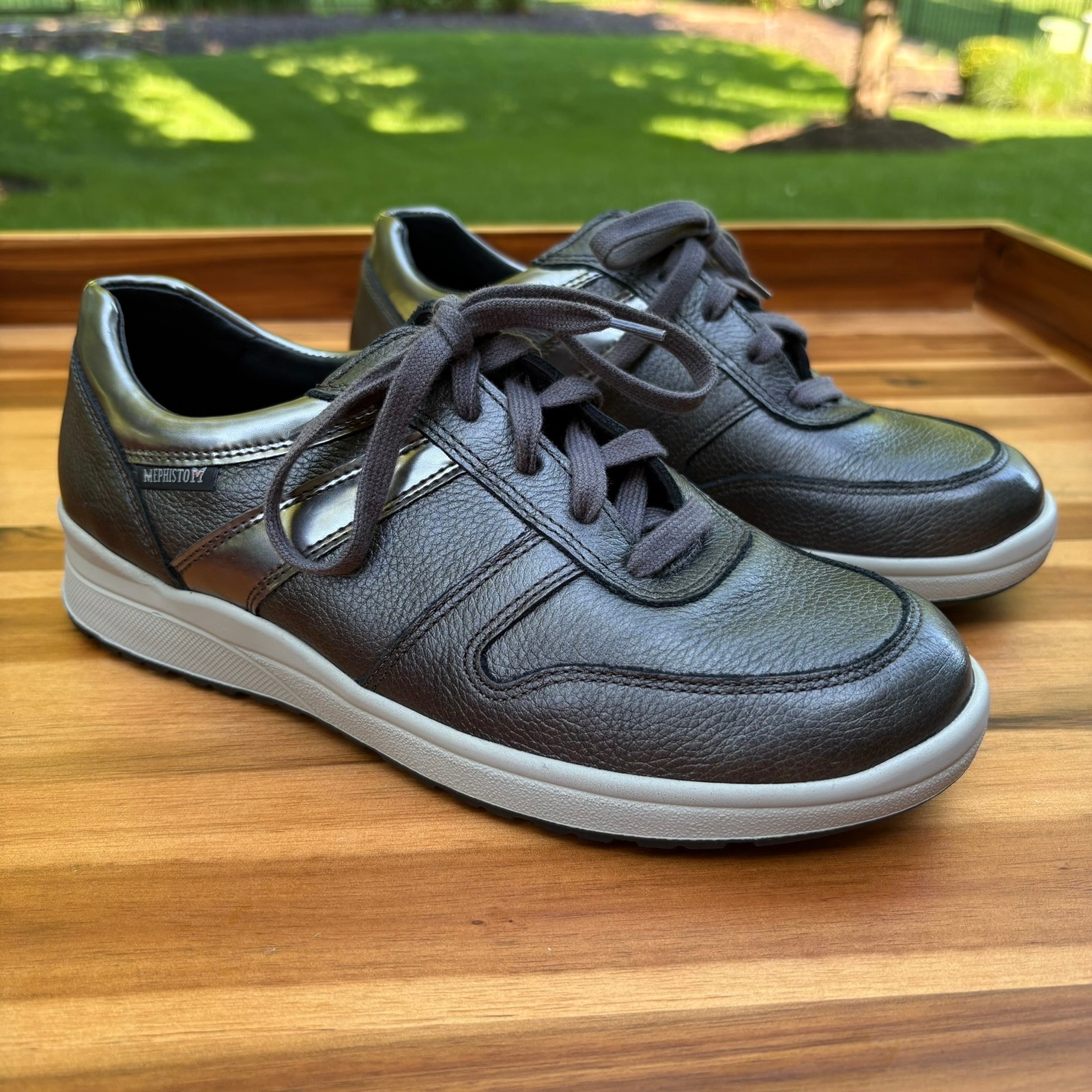 Mephisto Rebeca Leather Sneakers Women 7.5 Charcoal Metallic Walking Shoes